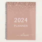 2024 Rose Gold Blush Pink Glitzer Monogramm Planer (Vorderseite)