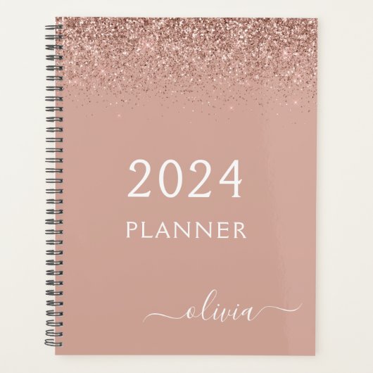 2024 Rose Gold Blush Pink Glitzer Monogramm Planer (Vorderseite)