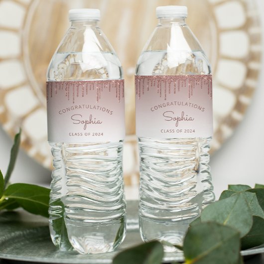 2024 Rose Gold Glitzer Tropfen Graduation Party Wasserflaschenetikett