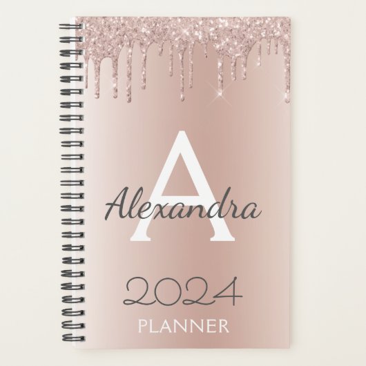 2024 Rose Gold - Rosa Girly Glitzer Monogram Planer (Vorderseite)