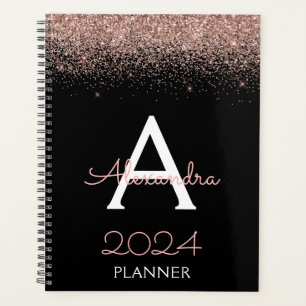 2024 Rose Gold - Rosa Schwarz Glitzer Monogramm Planer