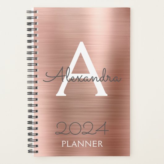 2024 Rose Goldblush-Rosa-Sparkle-Monogramm Planer (Vorderseite)