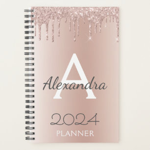 2024 Roségold - Rosarot Mädchen-Glitter-Monogramm Planer