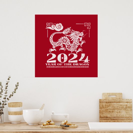 2024 Rotes chinesisches Zodiaka-Jahr des Drachen Poster (Küche)