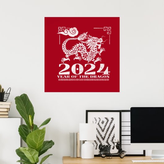 2024 Rotes chinesisches Zodiaka-Jahr des Drachen Poster (Heimbüro)