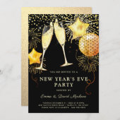 2024 Silvester Party Gold Glitzer auf Schwarz Einladung (Vorne/Hinten)