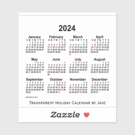 2024 Transparenter Feiertagkalender von Janz Aufkleber (Blatt)