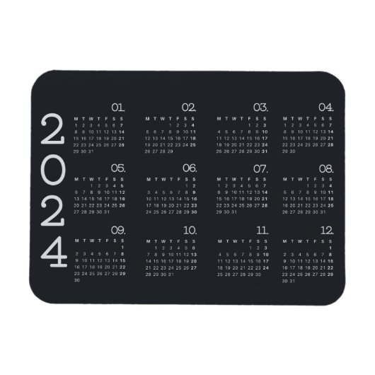 2024 Volljähriger Kalender Schwarz-Weiß-Stil Magnet (Horizontal)