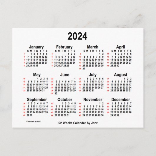 2024 Weißer 52-Wochen-Kalender von Janz Postkarte (Vorderseite)