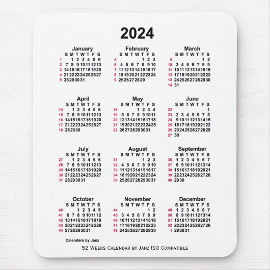 2024 White 52 Weeks ISO Calendar by Janz Mouse Pad Mousepad (Vorne)