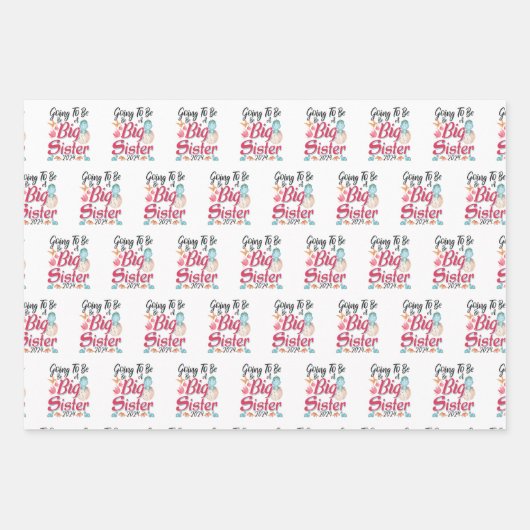 2024 wird eine große Schwester - Dinosaurier Geschenkpapier Set (Vorderseite)