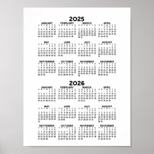 2025 2026 Kalender - Einfach Minimal Schwarz und W Poster