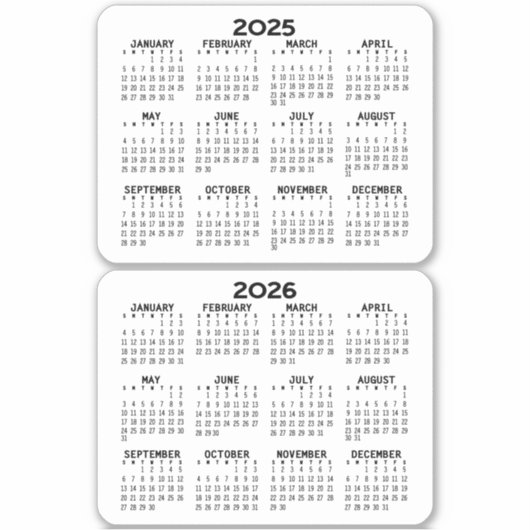 2025 2026 Minikalender für Schwarzweiß Aufkleber (Vorderseite)