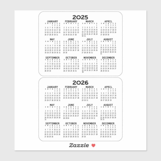 2025 2026 Minikalender für Schwarzweiß Aufkleber (Blatt)