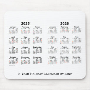 2025-2026 weißer 2-jähriger Feiertags-Kalender Mousepad