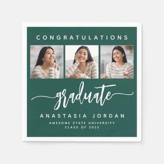 2025 3-Foto Grüne Gratulation Graduate Serviette (Vorderseite)