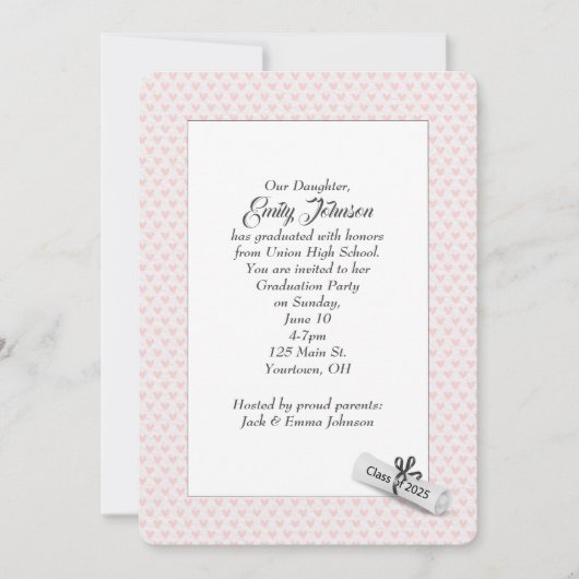 2025 Abschluss-Diplom auf rosa Herzen Einladung (Vorderseite)