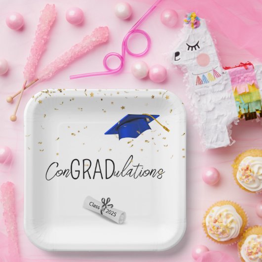 2025 Abschluss Gold Confetti und Blue Cap Pappteller (Party)