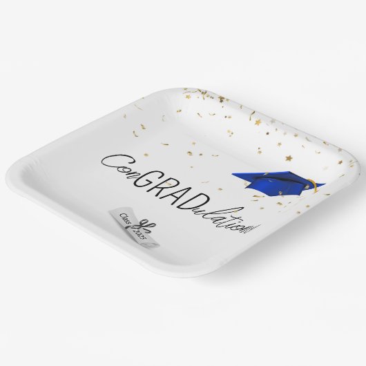 2025 Abschluss Gold Confetti und Blue Cap Pappteller (Gewinkelt)