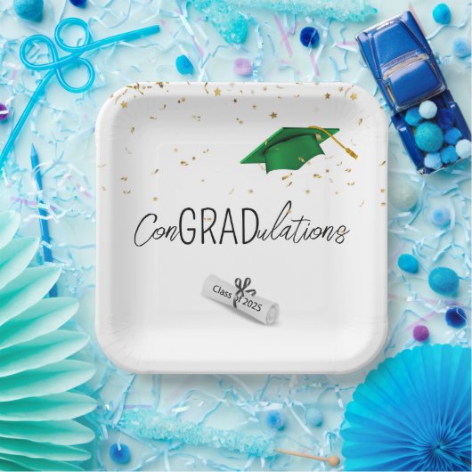 2025 Abschluss Gold Confetti und grüne Cap Pappteller (Party)