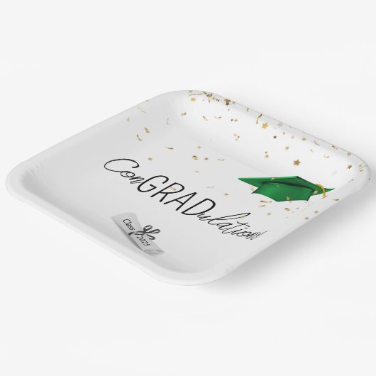 2025 Abschluss Gold Confetti und grüne Cap Pappteller (Gewinkelt)