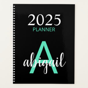 2025 Aquamarin Black Simple Modern Monogram Name Planer