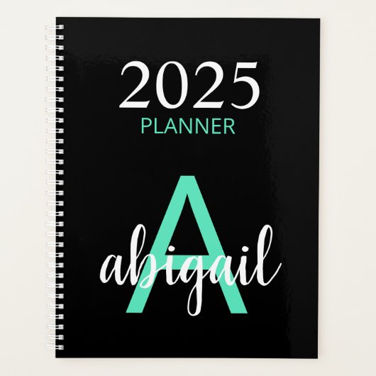 2025 Aquamarin Black Simple Modern Monogram Name Planer (Vorderseite)