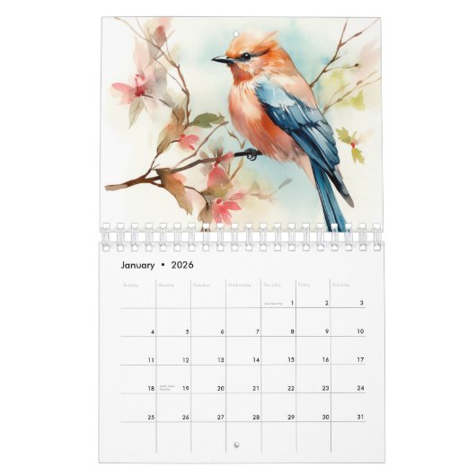 2025 Aquarell-Vogelbaum monatliche Mauer Kalender (Jan 2026)