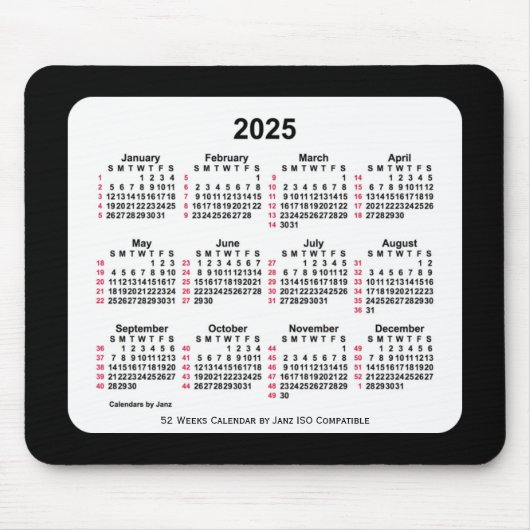 2025 Black 52 Weeks ISO Kalender von Janz Two Tone Mousepad (Vorne)