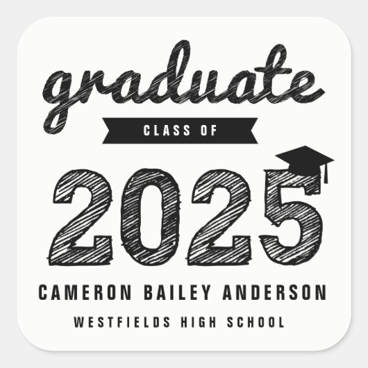 2025 Black Bold Sketch Graduate Moderner Abschluss Quadratischer Aufkleber (Vorderseite)