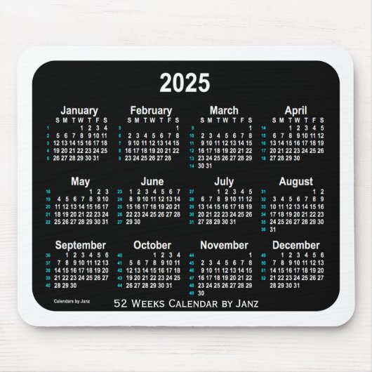 2025 Black Neon 52 Weeks Calendar von Janz Mousepad (Vorne)