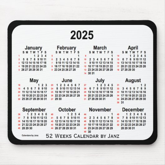 2025 Black Two Tone 52 Weeks Calendar von Janz Mousepad (Vorne)