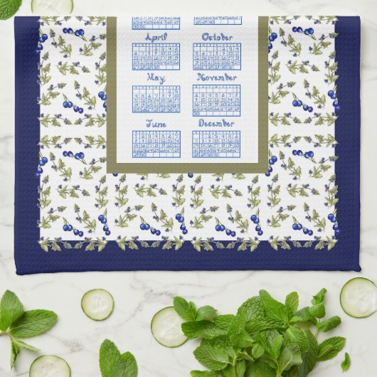 2025 Calendar Blueberry Stem Blätter White Navy Te Geschirrtuch (Gefaltet)