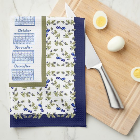 2025 Calendar Blueberry Stem Blätter White Navy Te Geschirrtuch (Viertel Falte)