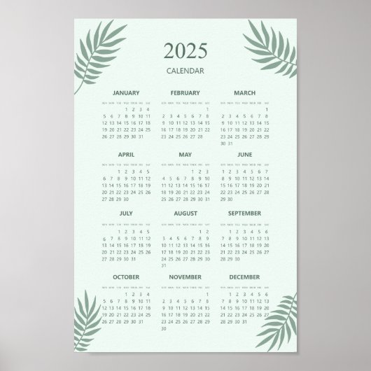 2025 Calendar Boho Blumenästhetische Minze Grün Poster (Vorne)