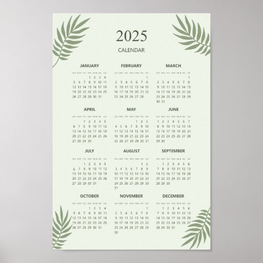 2025 Calendar Boho Floral Ästhetische Seite Grün Poster (Vorne)