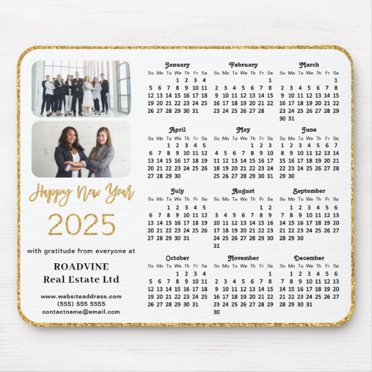 2025 Calendar Business Foto Elegant Gold Glitzer Mousepad (Vorne)