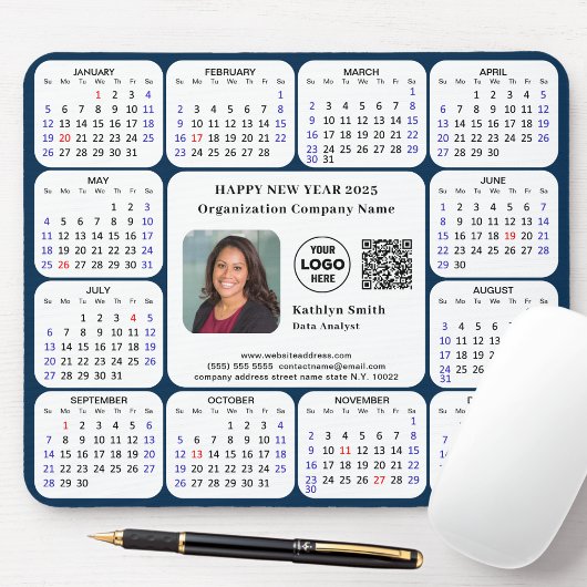2025 Calendar Business Foto Logo QR Modern Blue Mousepad