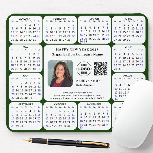 2025 Calendar Business Foto Logo QR Modern Green Mousepad