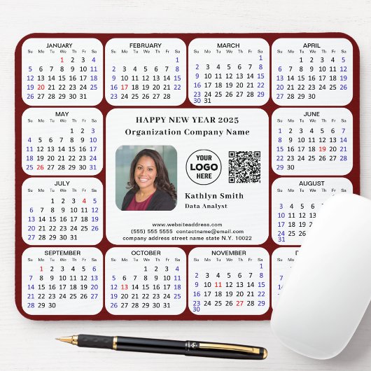 2025 Calendar Business Foto Logo QR Modern Red Mousepad