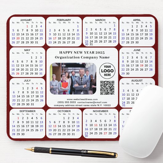 2025 Calendar Business Foto Logo QR Modern Red Mousepad