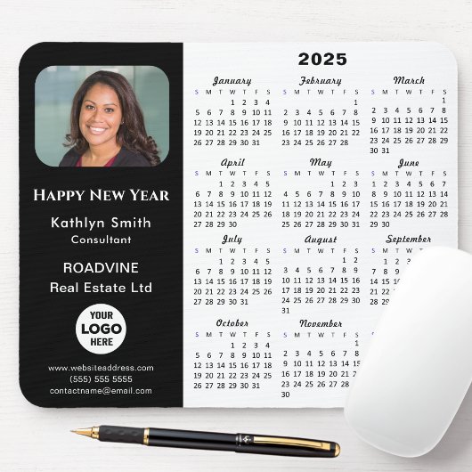 2025 Calendar Business-Logo-Foto Modernes Schwarz Mousepad