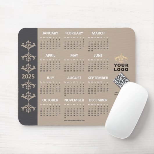 2025 Calendar Business Logo QR Code Latte Baroque Mousepad (Mit Mouse)
