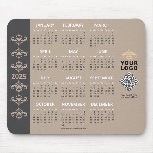 2025 Calendar Business Logo QR Code Latte Baroque Mousepad (Vorne)