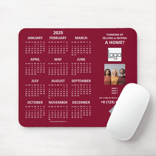 2025 Calendar Company Logo QR Code Burgundy Foto Mousepad (Mit Mouse)