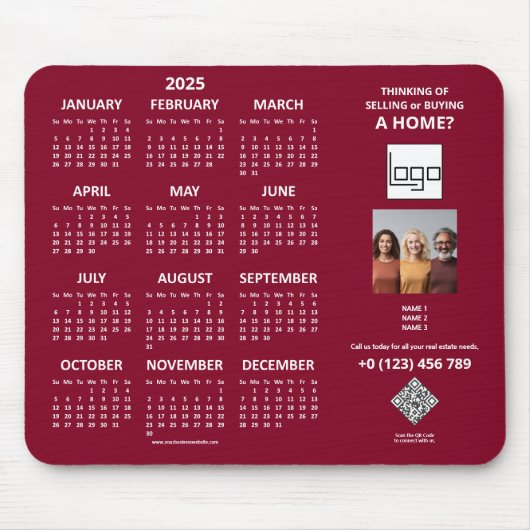 2025 Calendar Company Logo QR Code Burgundy Foto Mousepad (Vorne)