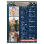 2025 Calendar Navy Koral Gold Familie Foto Collage Klemmbrett (Vorderseite)