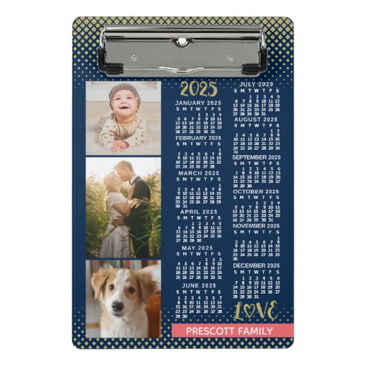 2025 Calendar Navy Koral Gold Familie Foto Collage Mini Klemmbrett (Vorderseite)