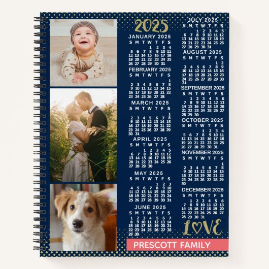 2025 Calendar Navy Koral Gold Familie Foto Collage Notizblock (Vorderseite)
