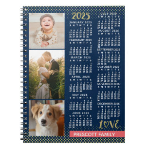 2025 Calendar Navy Koral Gold Familie Foto Collage Notizblock